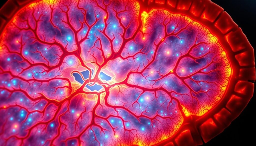 A detailed cross-section of brain tissue, captured with a high-resolution microscope lens. Intricate neuronal networks and glial cells are illuminated by a warm, diffused lighting, revealing the complex web of energy-consuming processes that sustain the brain's functioning. The image should convey a sense of the brain's metabolic activity, with mitochondria and other organelles visible, highlighting the energetic demands of maintaining healthy neural tissue. The composition should balance technical precision with an artistic, almost ethereal quality, inviting the viewer to contemplate the extraordinary energetic cost of the brain's remarkable capabilities. 10% Brain Myth image: A detailed cross-section of brain tissue, captured with a high-resolution microscope lens. Intricate neuronal networks and glial cells are illuminated by a warm, diffused lighting, revealing the complex web of energy-consuming processes that sustain the brain's functioning. The image should convey a sense of the brain's metabolic activity, with mitochondria and other organelles visible, highlighting the energetic demands of maintaining healthy neural tissue. The composition should balance technical precision with an artistic, almost ethereal quality, inviting the viewer to contemplate the extraordinary energetic cost of the brain's remarkable capabilities.